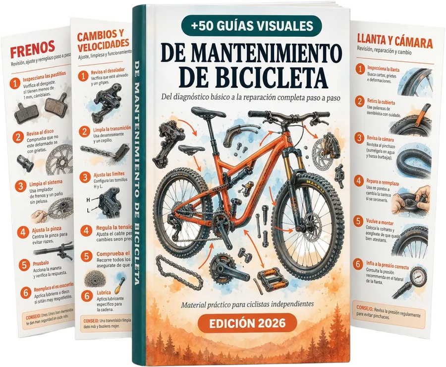 Guía visual de mantenimiento de bicicleta con portada y paneles interiores